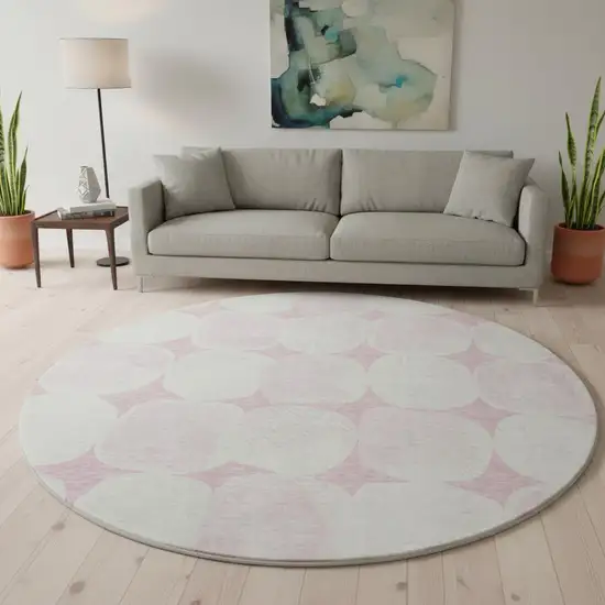 8' Pink And Ivory Abstract Geometric Washable Round Rug With UV Protection Photo 2
