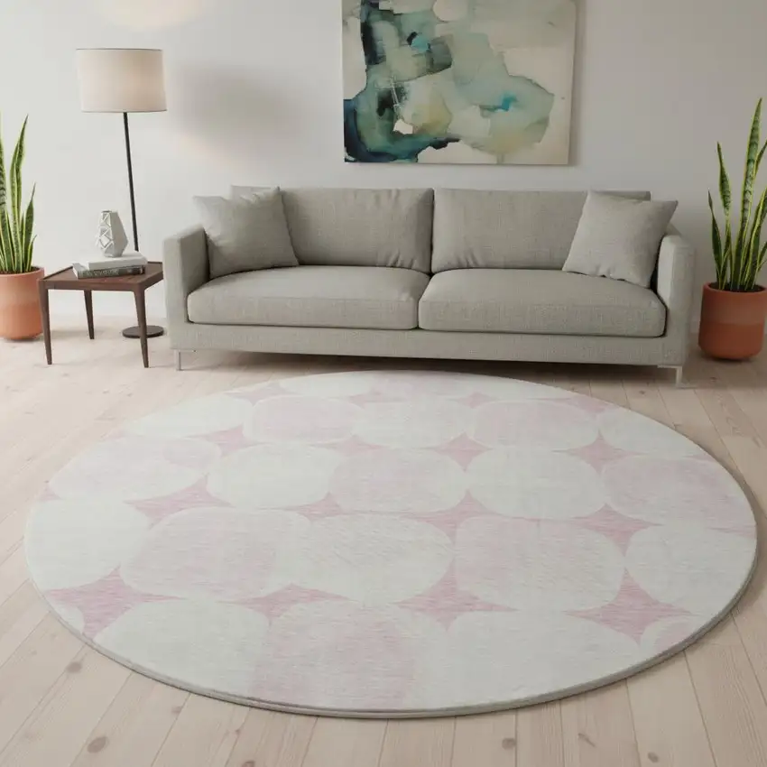 8' Pink And Ivory Abstract Geometric Washable Round Rug With UV Protection Photo 2