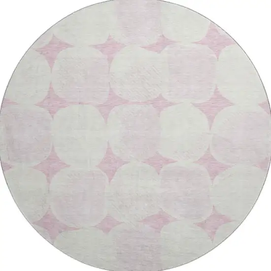 8' Pink And Ivory Abstract Geometric Washable Round Rug With UV Protection Photo 4