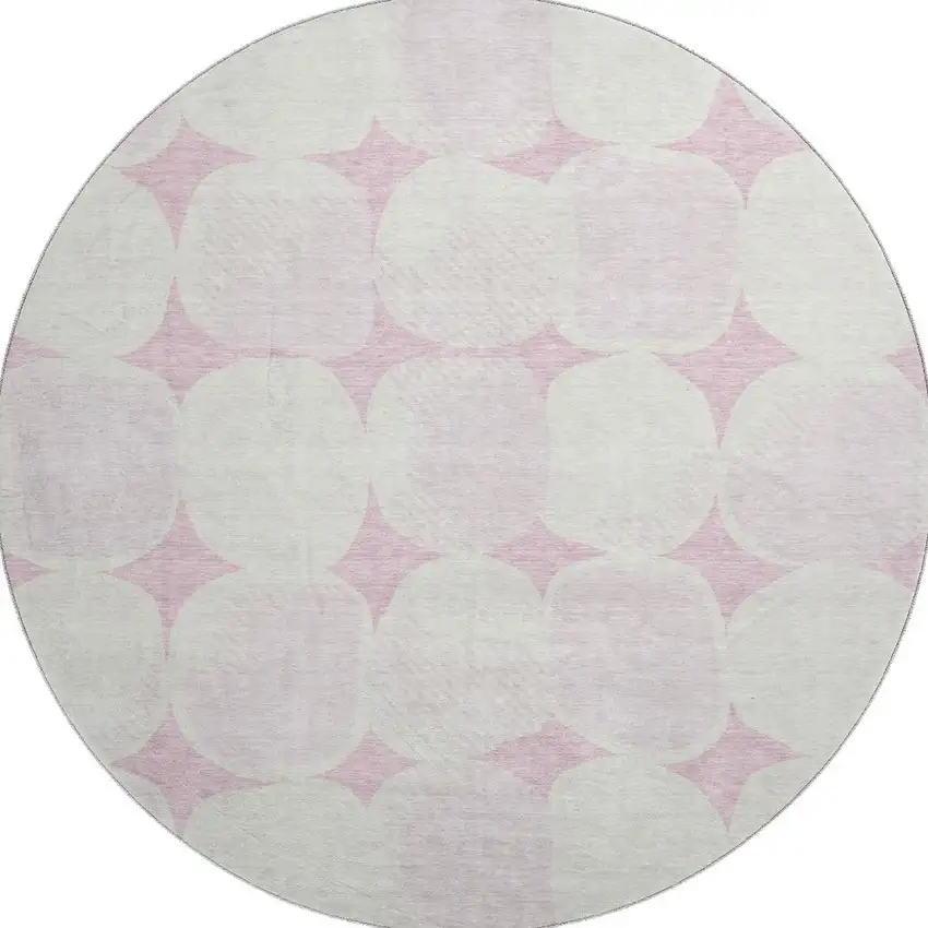 8' Pink And Ivory Abstract Geometric Washable Round Rug With UV Protection Photo 4