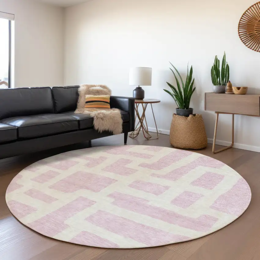 8' Pink And Ivory Abstract Geometric Washable Round Rug With UV Protection Photo 5