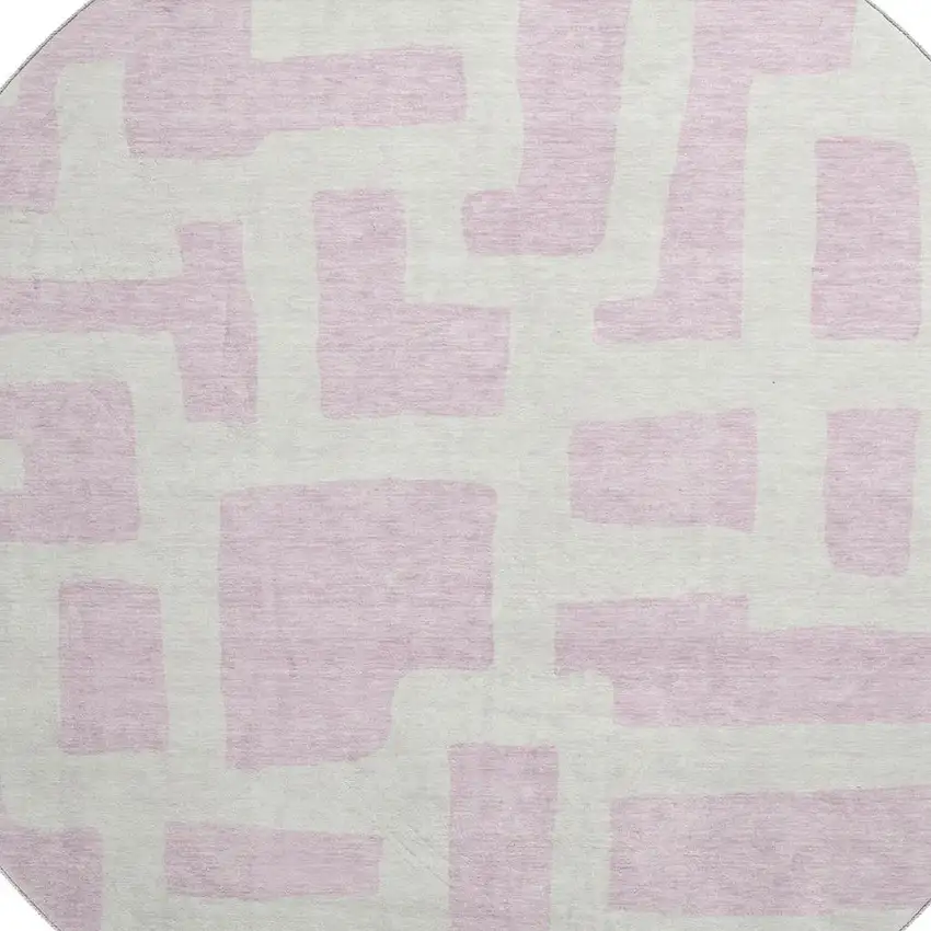 8' Pink And Ivory Abstract Geometric Washable Round Rug With UV Protection Photo 3
