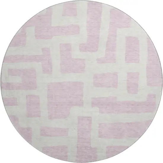 8' Pink And Ivory Abstract Geometric Washable Round Rug With UV Protection Photo 1