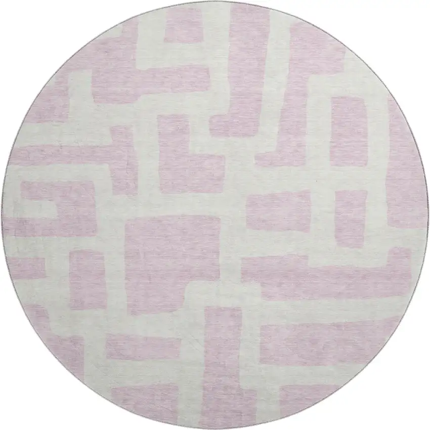 8' Pink And Ivory Abstract Geometric Washable Round Rug With UV Protection Photo 1