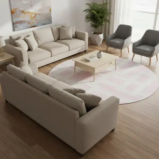 8' Pink And Ivory Abstract Geometric Washable Round Rug With UV Protection Photo 2