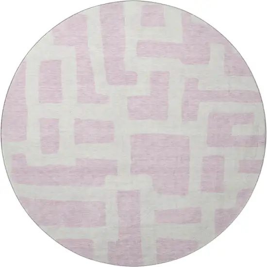 8' Pink And Ivory Abstract Geometric Washable Round Rug With UV Protection Photo 4