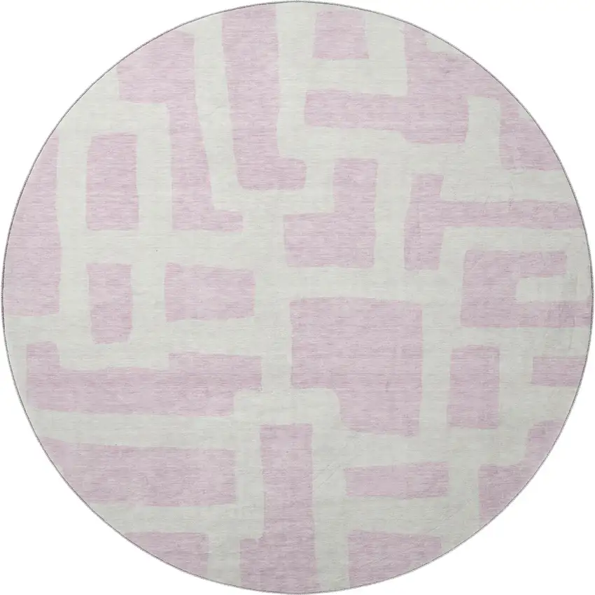 8' Pink And Ivory Abstract Geometric Washable Round Rug With UV Protection Photo 4