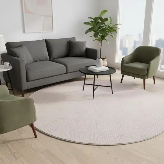 8' Pink And Ivory Abstract Geometric Washable Round Rug With UV Protection Photo 2