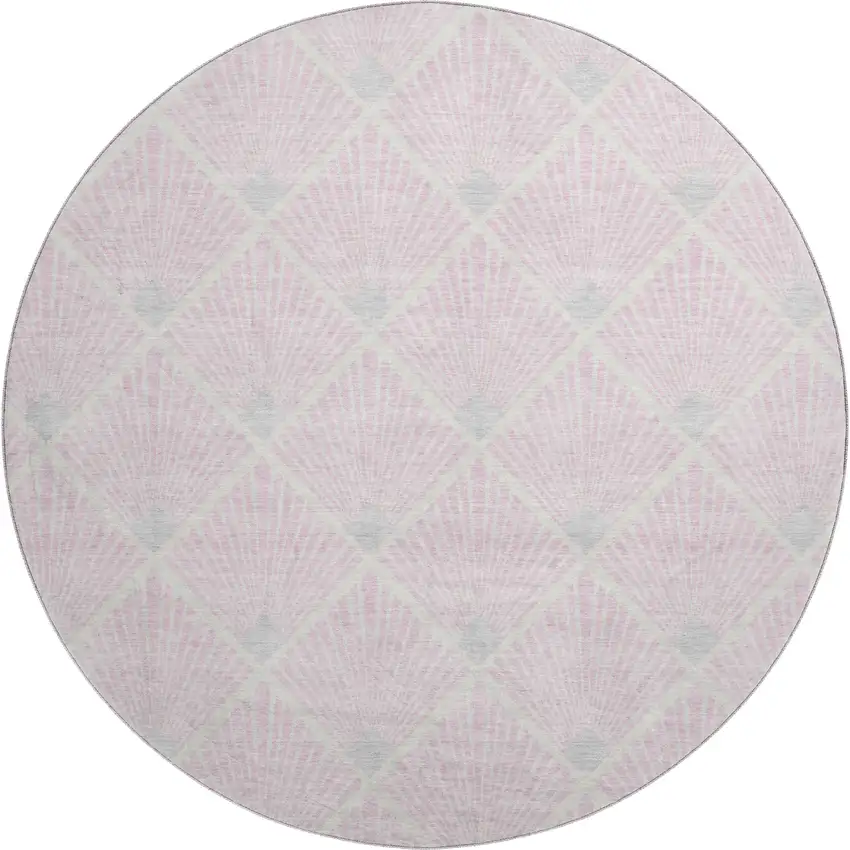 8' Pink And Ivory Abstract Geometric Washable Round Rug With UV Protection Photo 1
