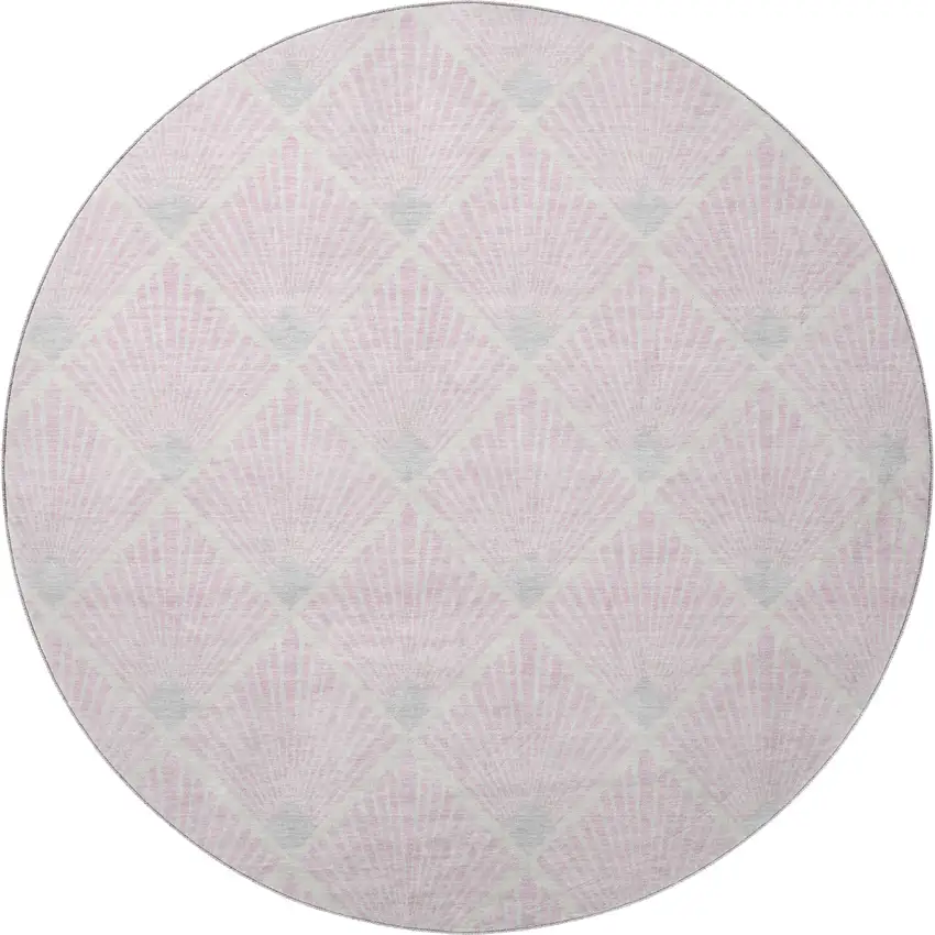 8' Pink And Ivory Abstract Geometric Washable Round Rug With UV Protection Photo 4