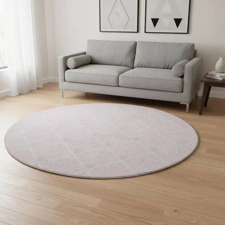 8' Pink And Ivory Abstract Geometric Washable Round Rug With UV Protection Photo 2