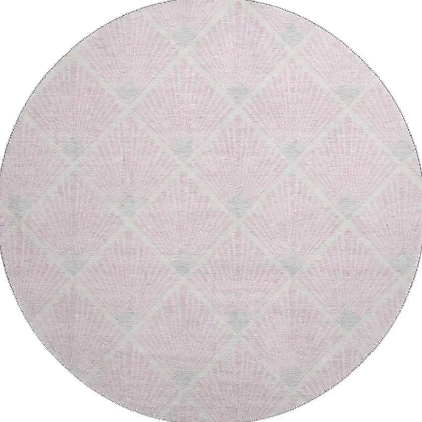 8' Pink And Ivory Abstract Geometric Washable Round Rug With UV Protection Photo 3