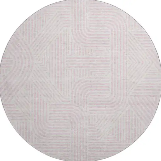 8' Pink And Ivory Abstract Geometric Washable Round Rug With UV Protection Photo 3