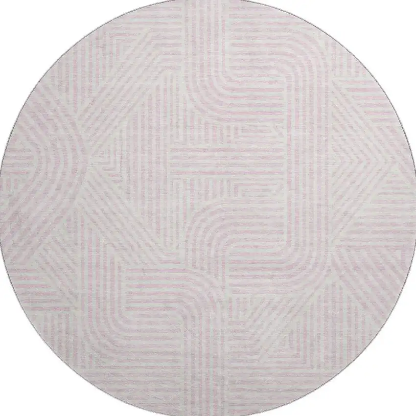 8' Pink And Ivory Abstract Geometric Washable Round Rug With UV Protection Photo 3