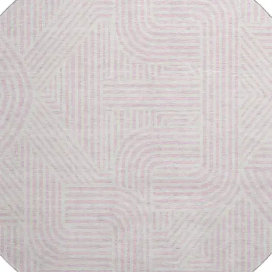 8' Pink And Ivory Abstract Geometric Washable Round Rug With UV Protection Photo 2