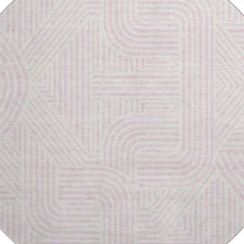 8' Pink And Ivory Abstract Geometric Washable Round Rug With UV Protection Photo 2