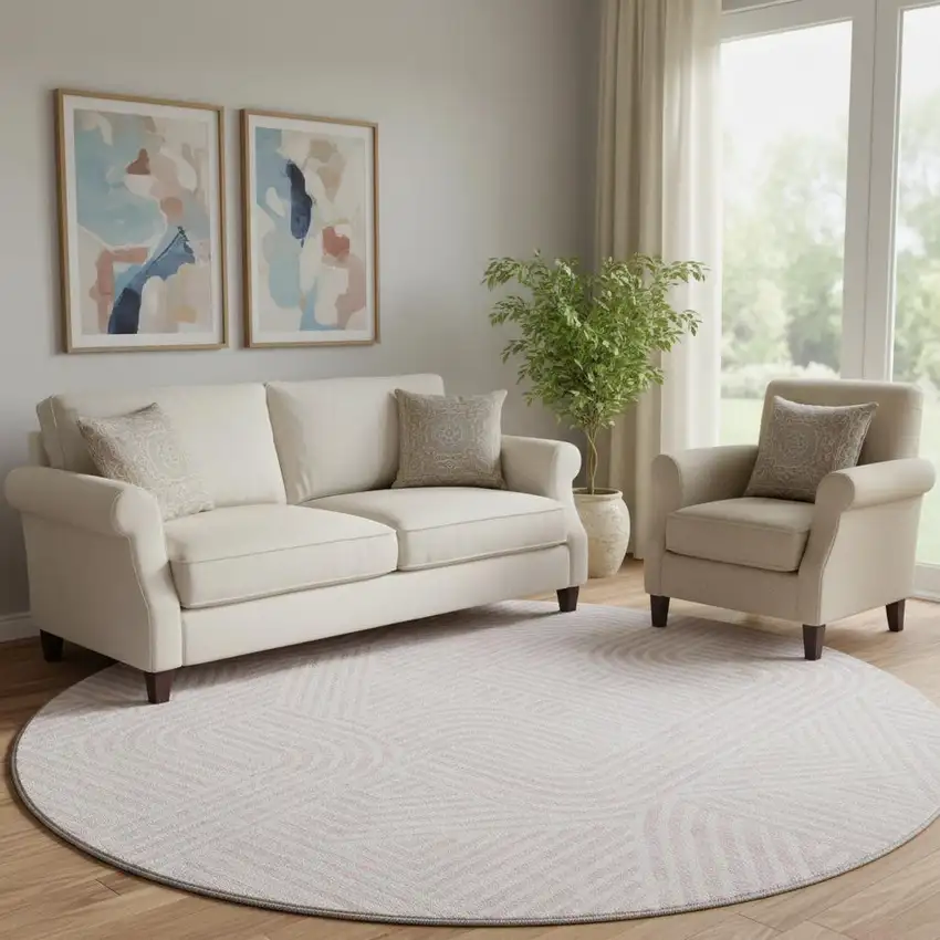 8' Pink And Ivory Abstract Geometric Washable Round Rug With UV Protection Photo 1