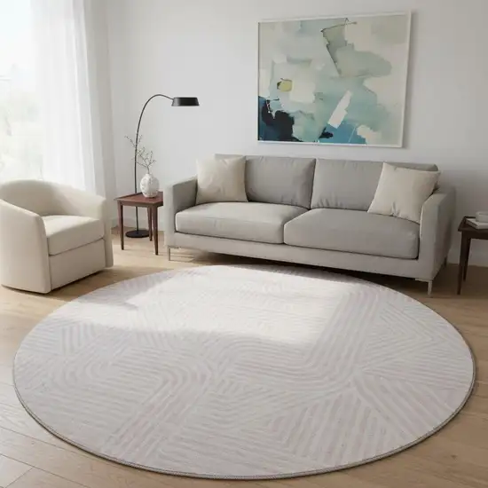 8' Pink And Ivory Abstract Geometric Washable Round Rug With UV Protection Photo 2
