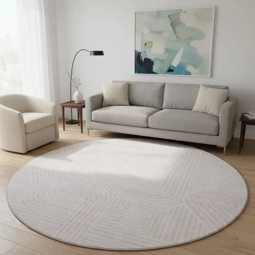 8' Pink And Ivory Abstract Geometric Washable Round Rug With UV Protection Photo 2