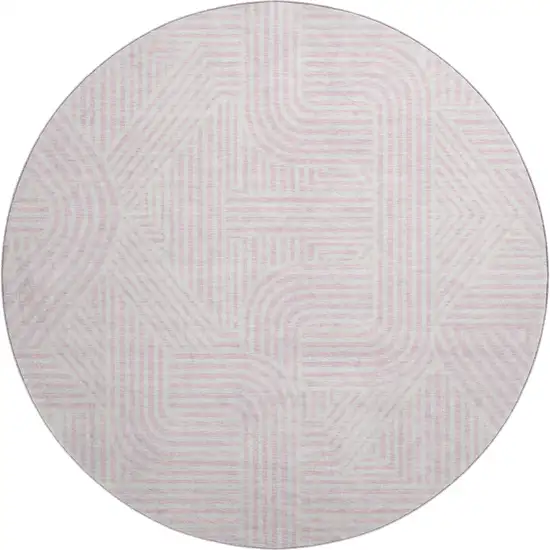 8' Pink And Ivory Abstract Geometric Washable Round Rug With UV Protection Photo 1