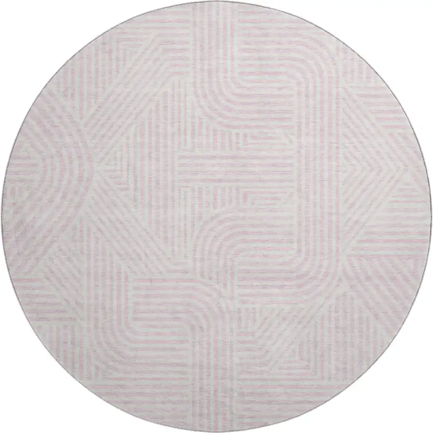 8' Pink And Ivory Abstract Geometric Washable Round Rug With UV Protection Photo 1