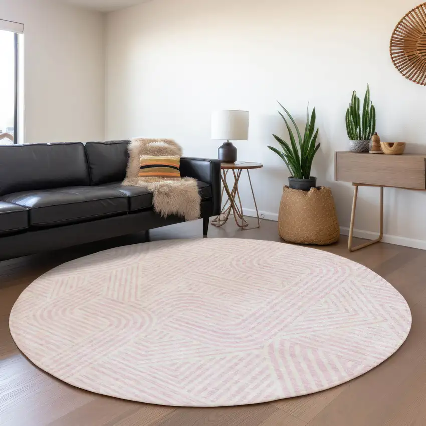 8' Pink And Ivory Abstract Geometric Washable Round Rug With UV Protection Photo 4