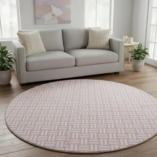 8' Pink And Ivory Abstract Geometric Washable Round Rug With UV Protection Photo 2