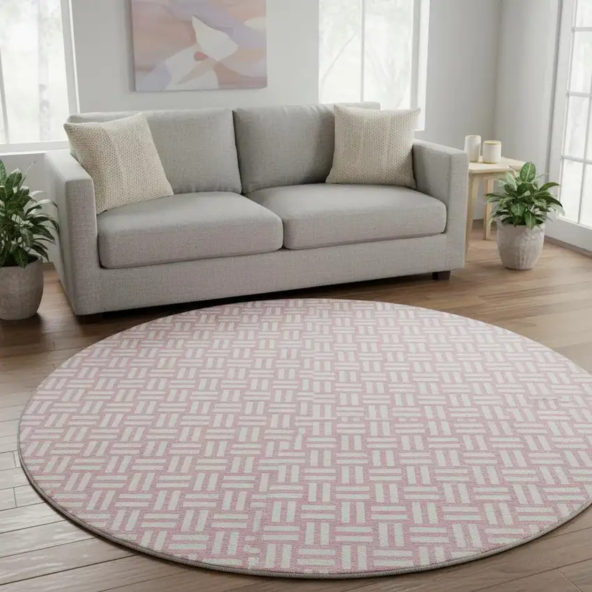 8' Pink And Ivory Abstract Geometric Washable Round Rug With UV Protection Photo 2