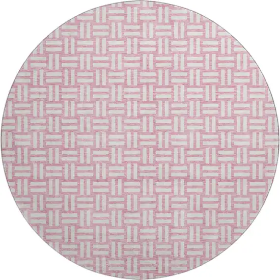 8' Pink And Ivory Abstract Geometric Washable Round Rug With UV Protection Photo 1