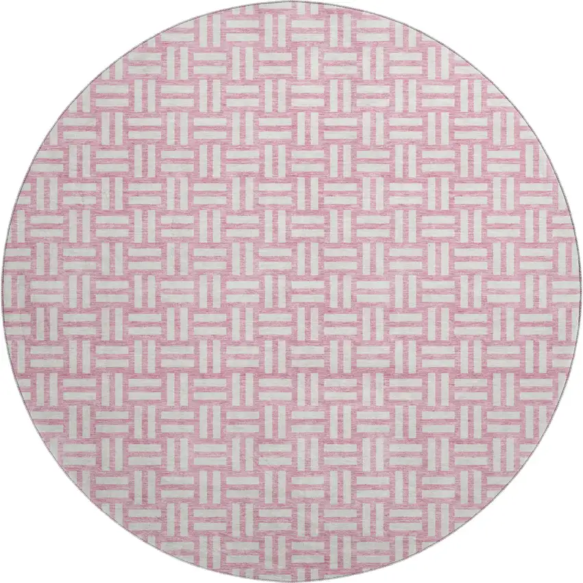 8' Pink And Ivory Abstract Geometric Washable Round Rug With UV Protection Photo 1