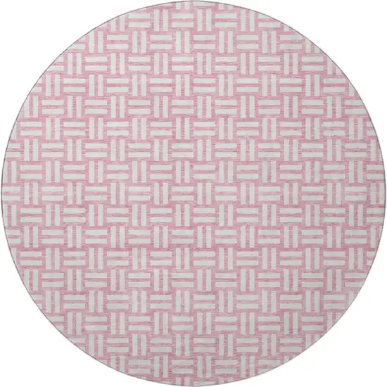 8' Pink And Ivory Abstract Geometric Washable Round Rug With UV Protection Photo 3