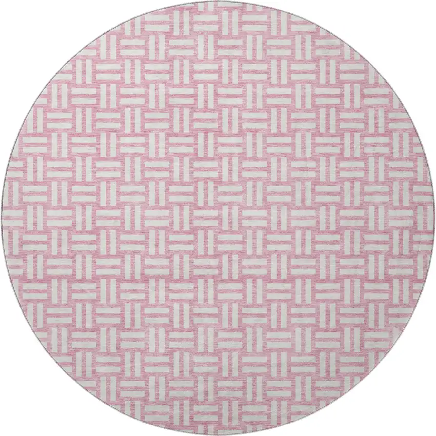 8' Pink And Ivory Abstract Geometric Washable Round Rug With UV Protection Photo 3