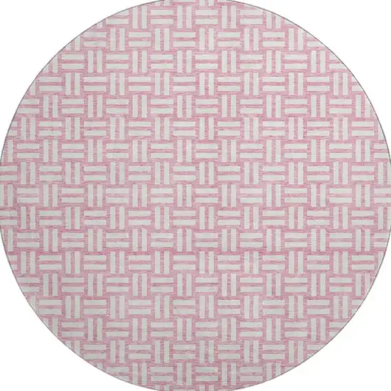 8' Pink And Ivory Abstract Geometric Washable Round Rug With UV Protection Photo 2