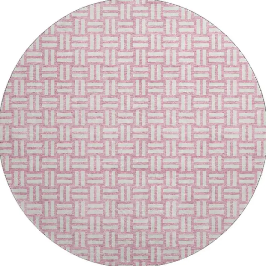 8' Pink And Ivory Abstract Geometric Washable Round Rug With UV Protection Photo 2