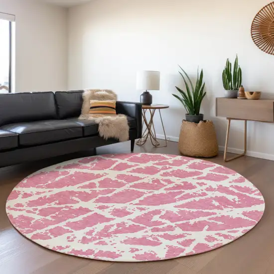 8' Pink And Ivory Abstract Washable Round Rug With UV Protection Photo 5