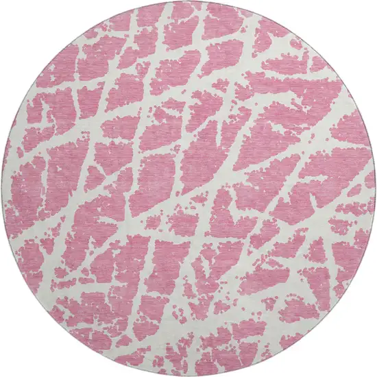 8' Pink And Ivory Abstract Washable Round Rug With UV Protection Photo 1