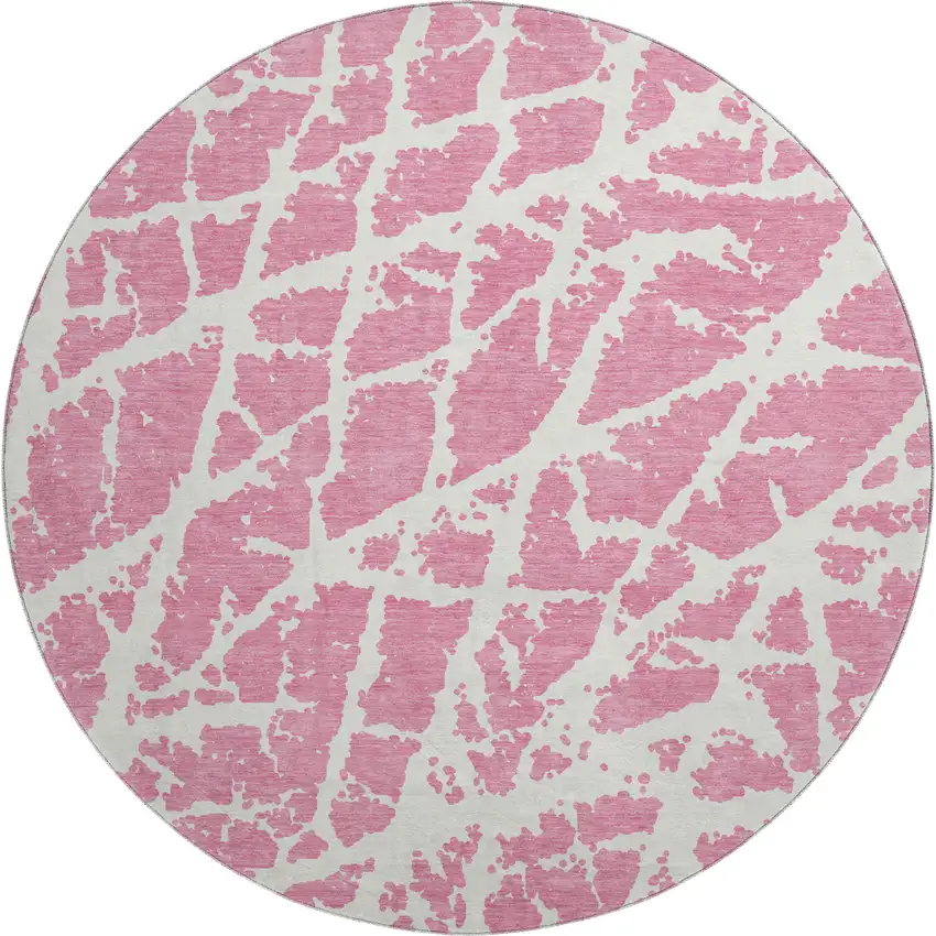 8' Pink And Ivory Abstract Washable Round Rug With UV Protection Photo 1