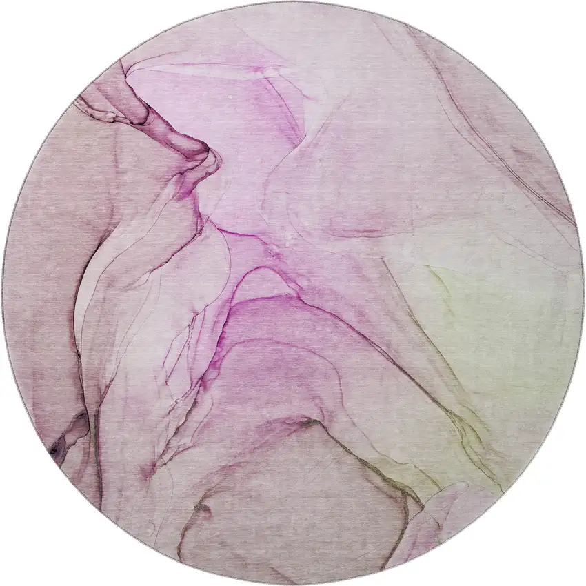 8' Pink And Ivory Abstract Washable Round Rug With UV Protection Photo 3
