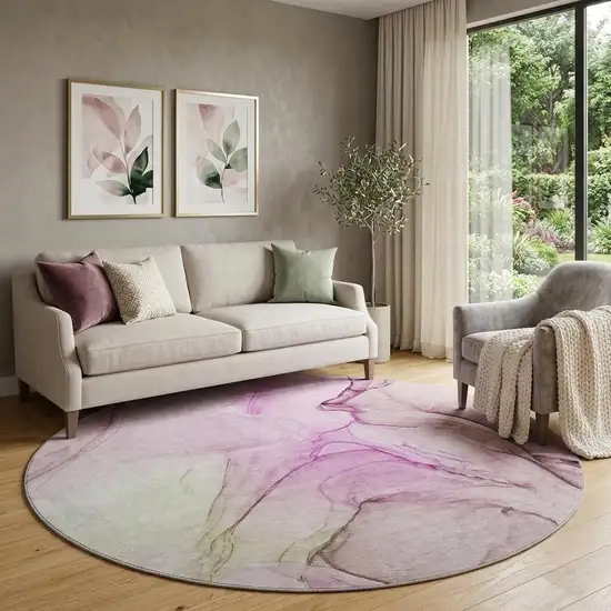 8' Pink And Ivory Abstract Washable Round Rug With UV Protection Photo 1