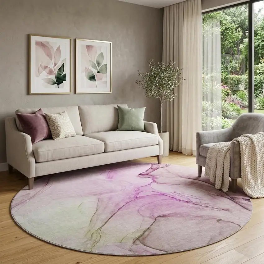 8' Pink And Ivory Abstract Washable Round Rug With UV Protection Photo 1
