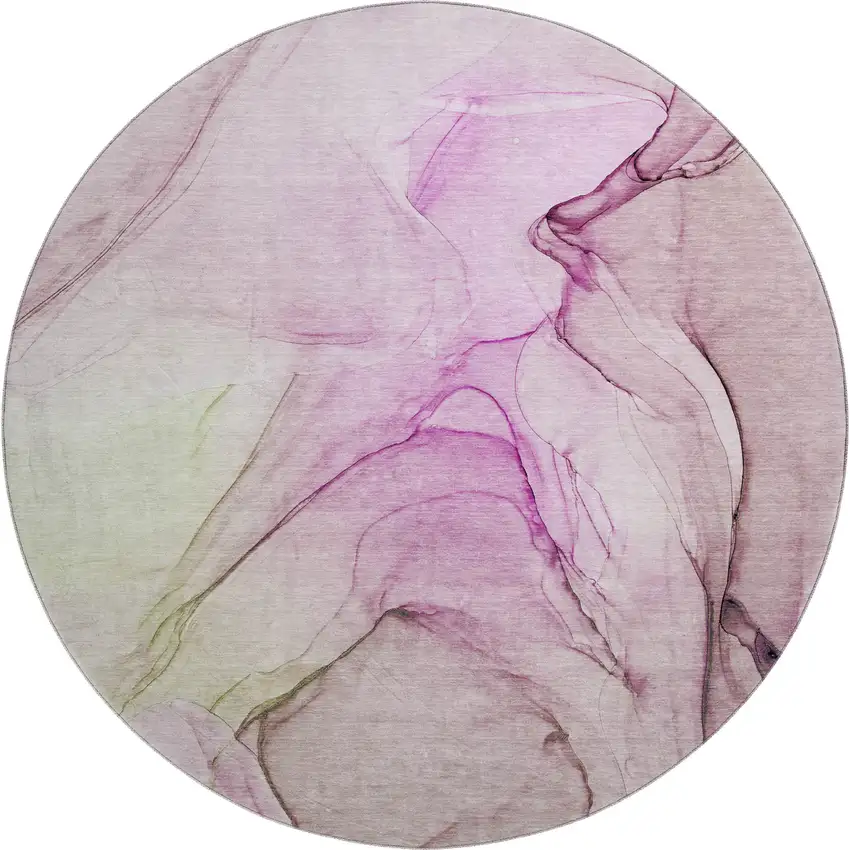 8' Pink And Ivory Abstract Washable Round Rug With UV Protection Photo 2