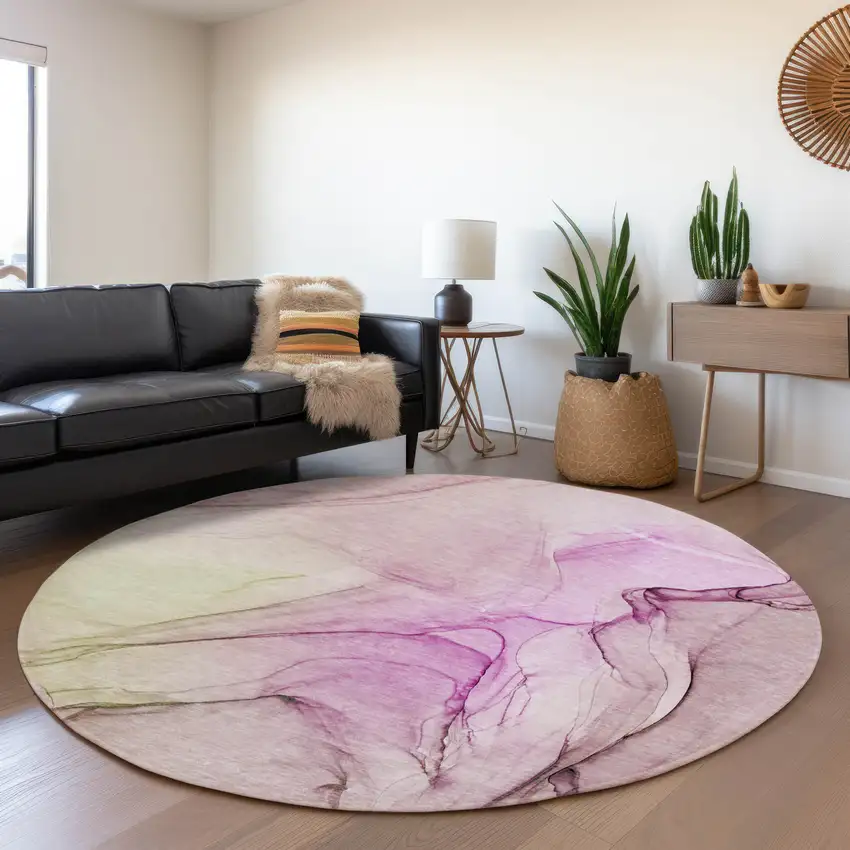 8' Pink And Ivory Abstract Washable Round Rug With UV Protection Photo 4