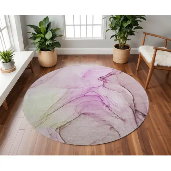 8' Pink And Ivory Abstract Washable Round Rug With UV Protection Photo 2