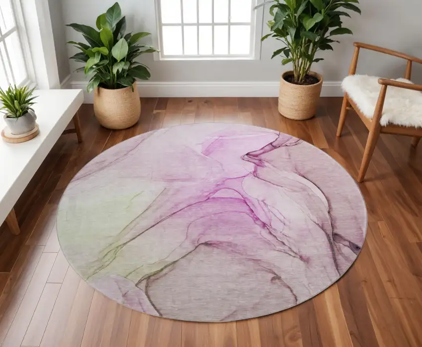 8' Pink And Ivory Abstract Washable Round Rug With UV Protection Photo 2