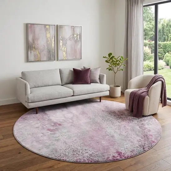 8' Pink And Ivory Abstract Washable Round Rug With UV Protection Photo 1