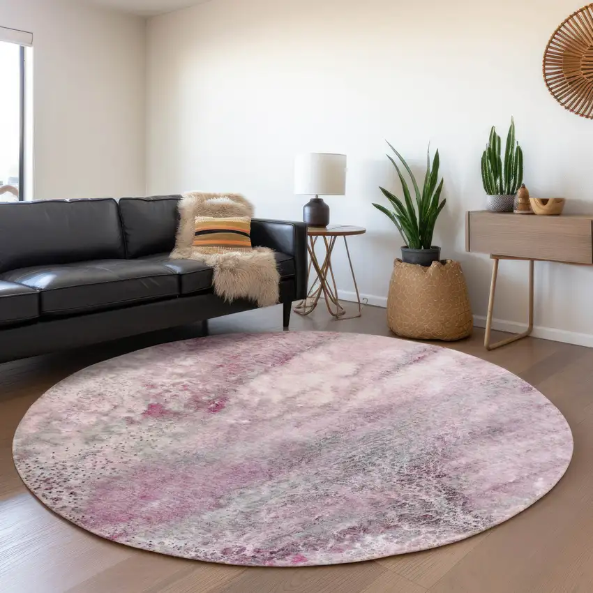 8' Pink And Ivory Abstract Washable Round Rug With UV Protection Photo 4