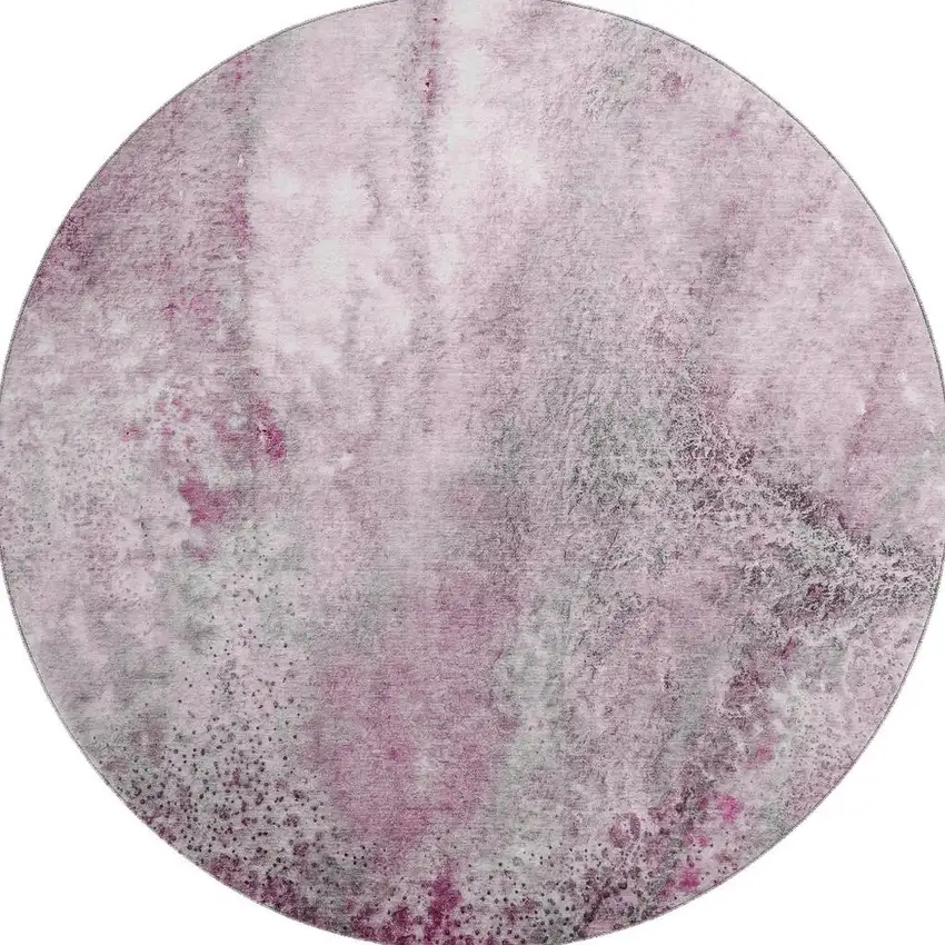 8' Pink And Ivory Abstract Washable Round Rug With UV Protection Photo 3