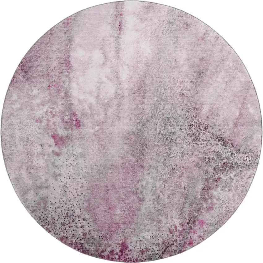 8' Pink And Ivory Abstract Washable Round Rug With UV Protection Photo 1