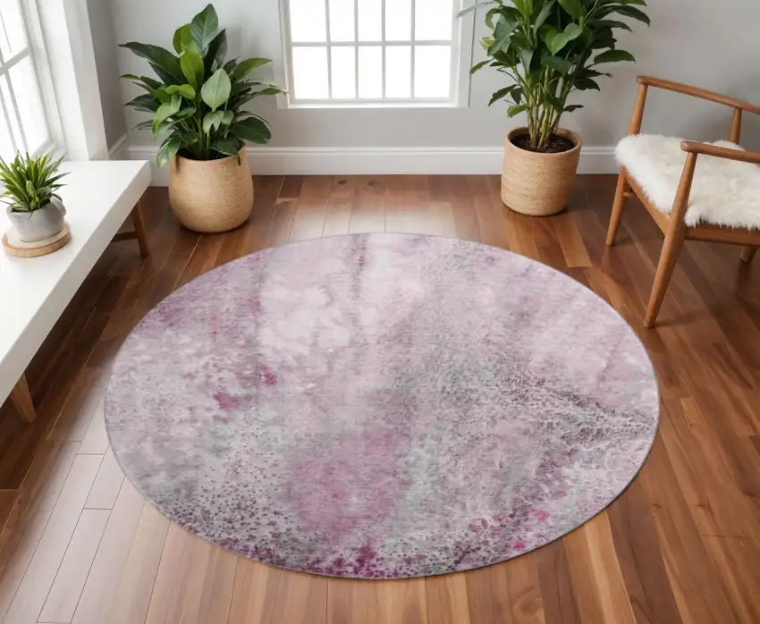 8' Pink And Ivory Abstract Washable Round Rug With UV Protection Photo 2