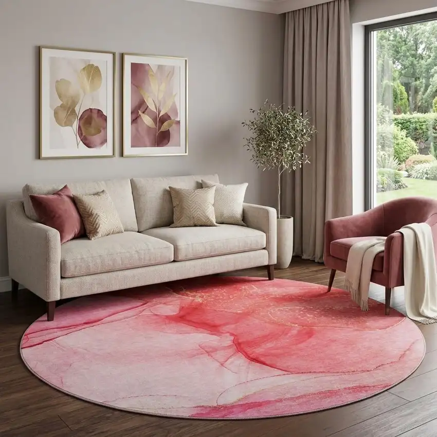 8' Pink And Ivory Abstract Washable Round Rug With UV Protection Photo 1